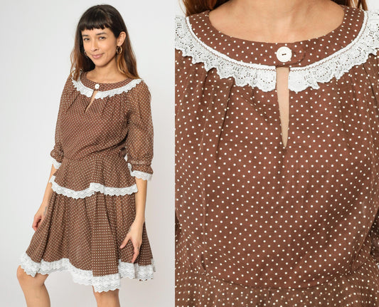70s Brown Polka Dot Prairie Dress Keyhole Neck Tiered Skirt Medium