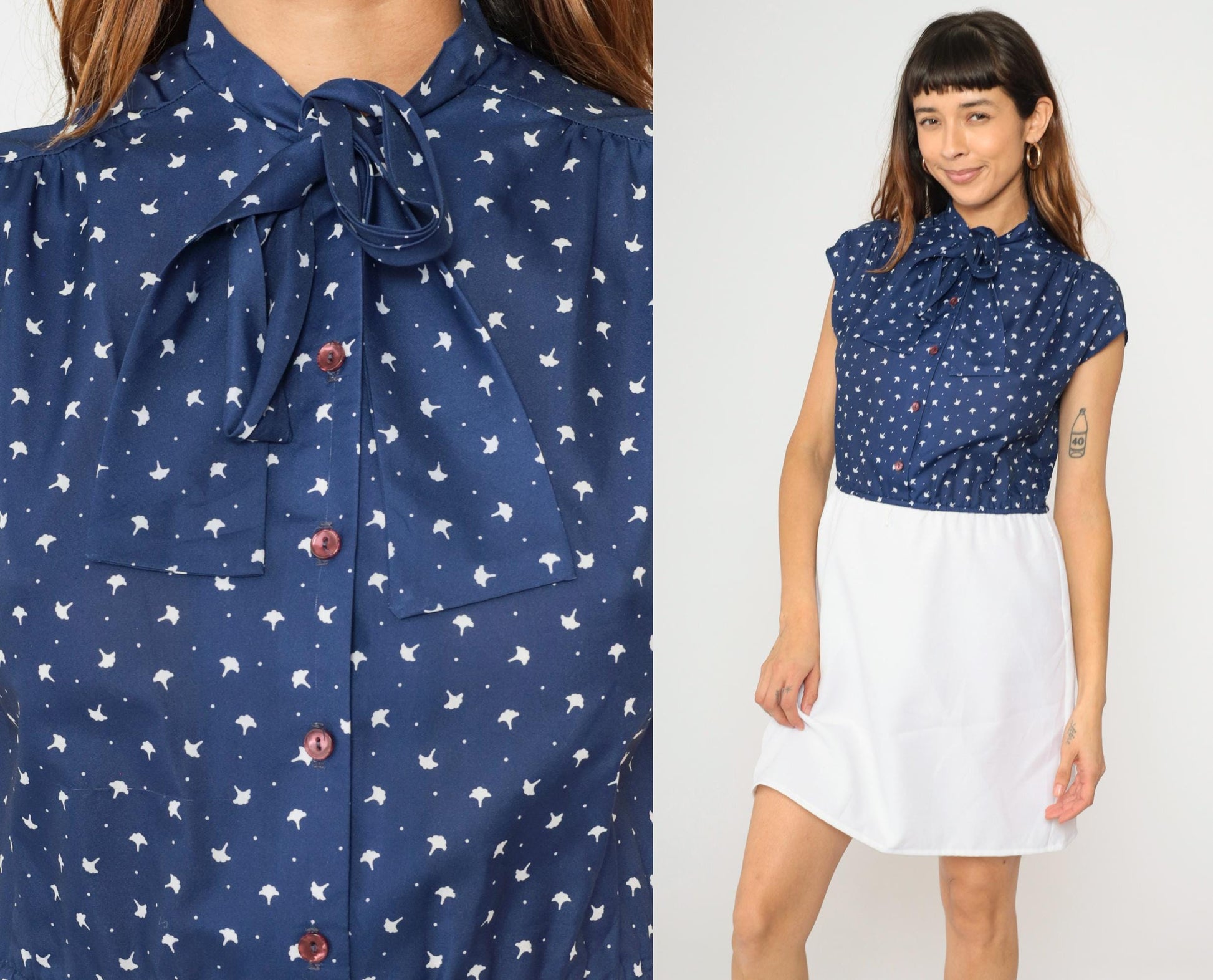 70s Two-Tone Mini Dress Navy White Ascot Bow Cap Sleeve Button Front Medium