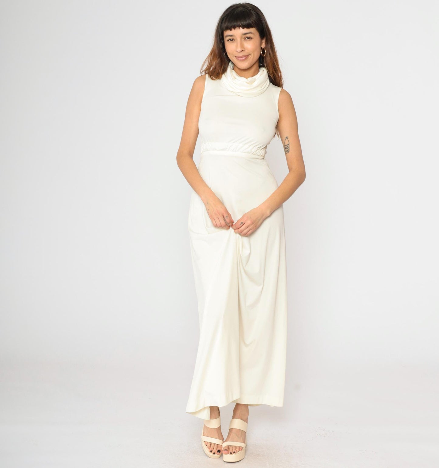 1970s White Maxi Dress Cowl Neck Cap Sleeve High Waist Grecian Gown Extra Small