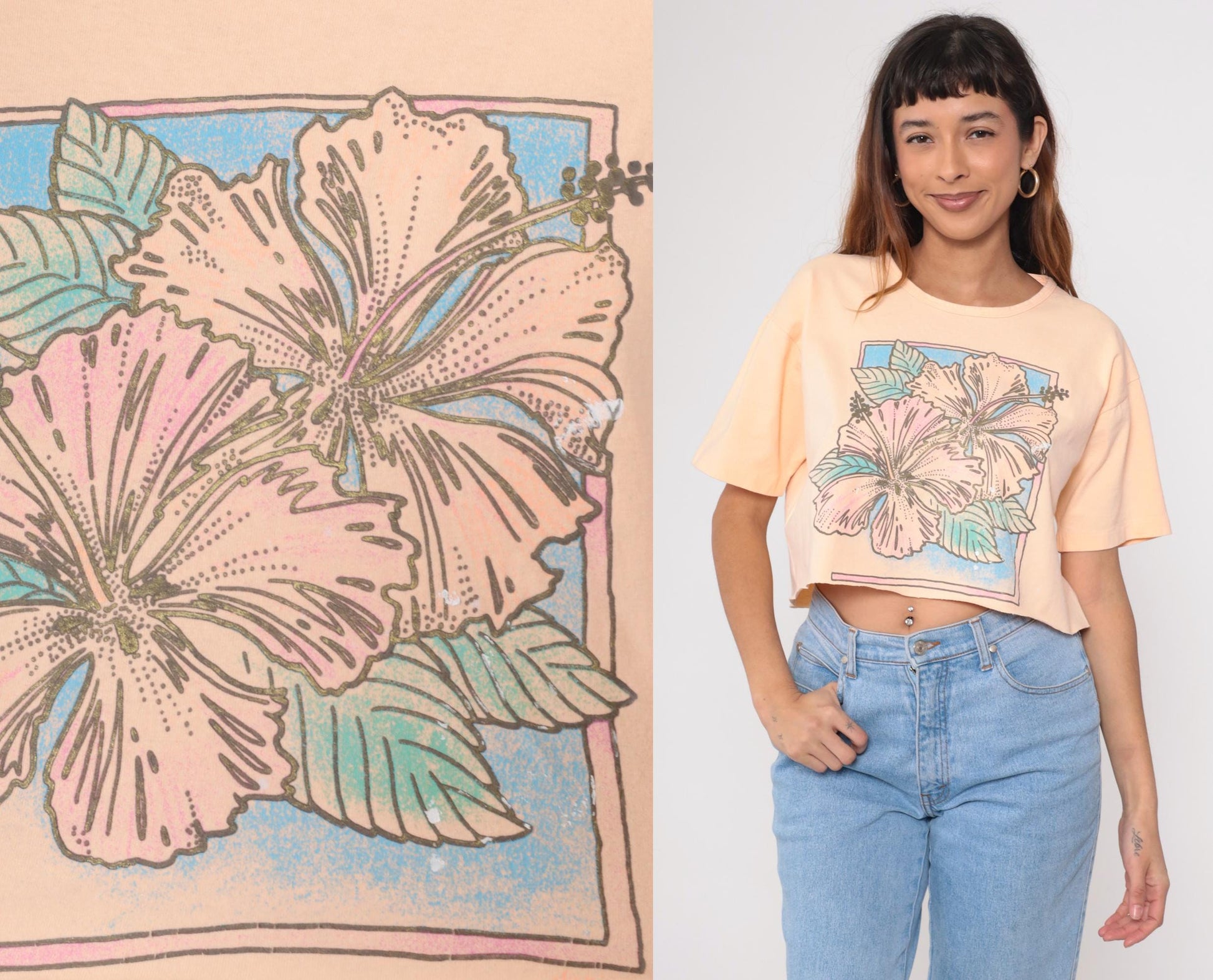 90s Anvil Tropical Floral Crop Tee Peach Hibiscus Raw Hem Medium