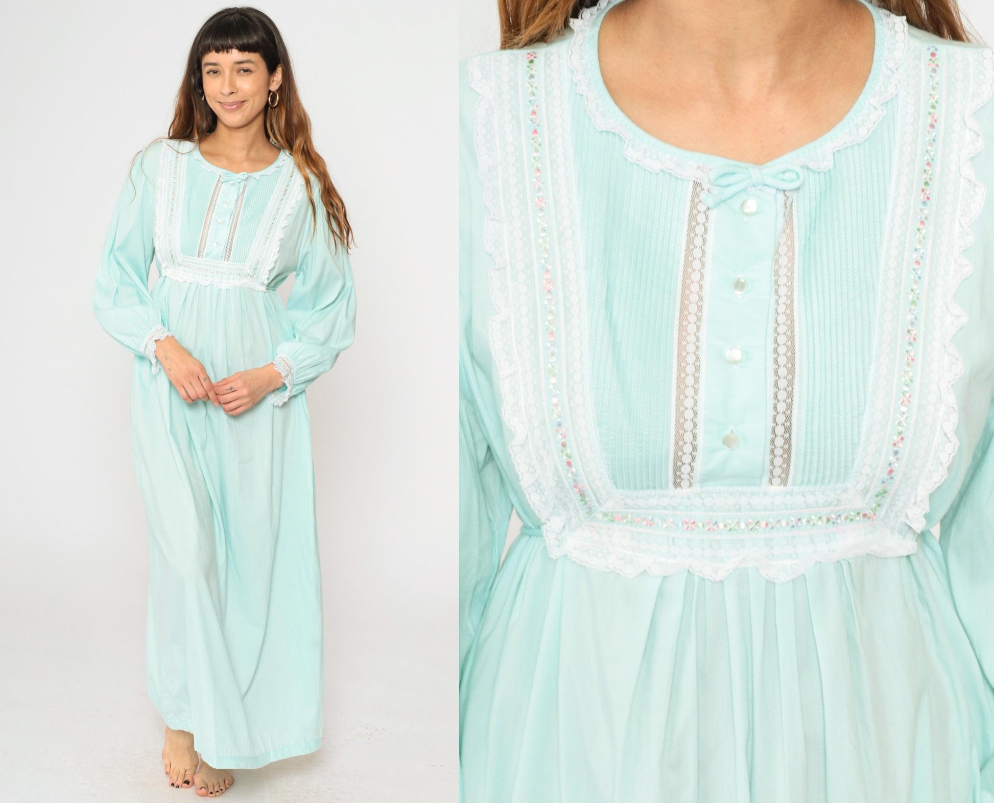70s Barbizon Mint Blue Featherlite Maxi Nightgown Empire Waist Lace Medium