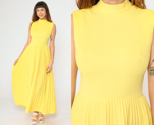70s Yellow Pleated Maxi Dress Sleeveless High Waist Small S