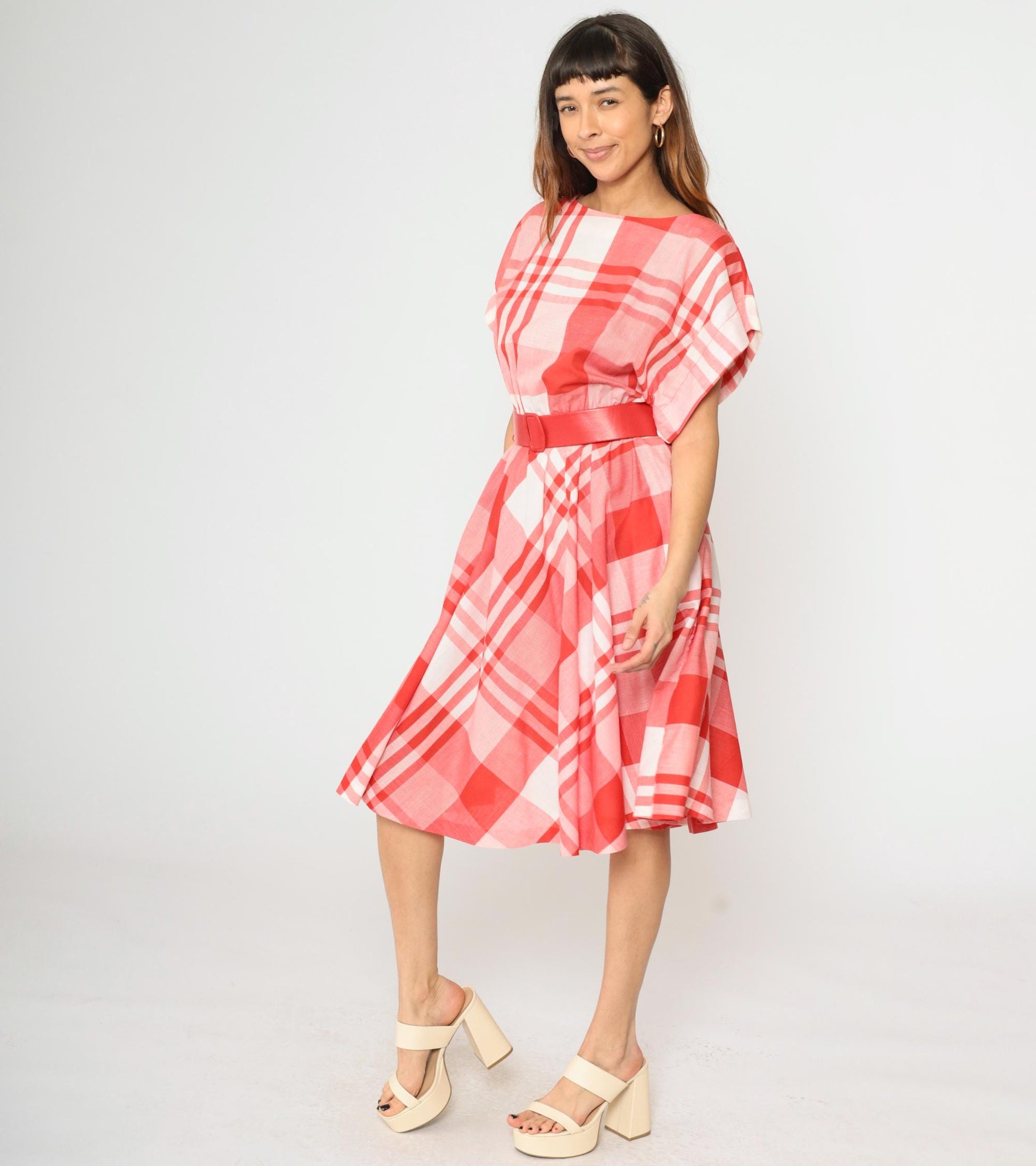 80s Red Plaid Midi Dress High Waisted Belted Cap Sleeve Medium M