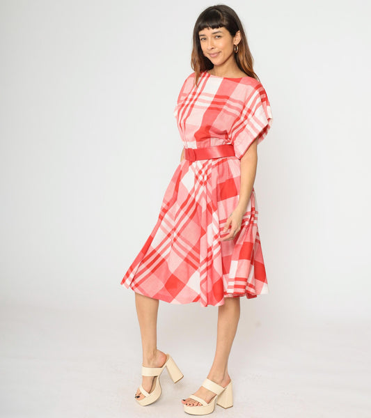 80s Red Plaid Midi Dress High Waisted Belted Cap Sleeve Medium M