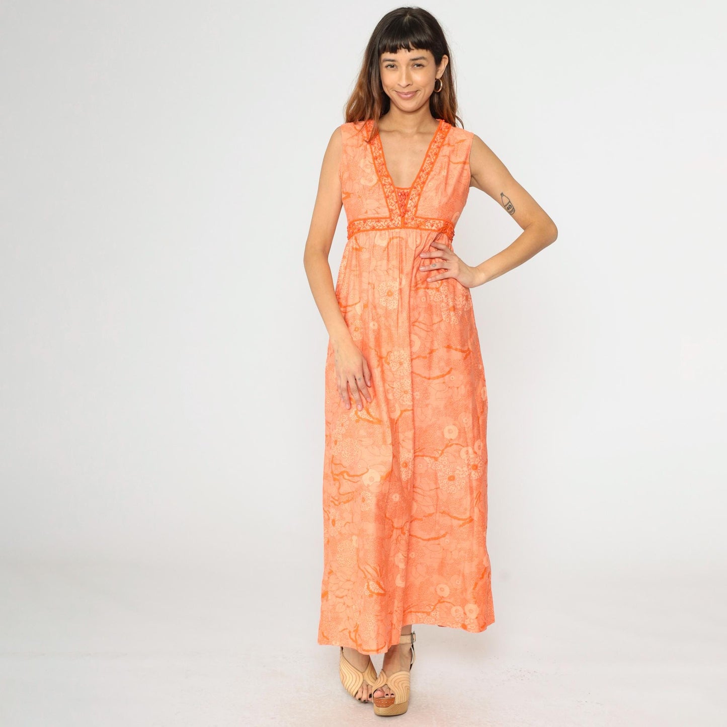 70s Orange Floral Beaded Maxi Dress Empire Waist V Neck Sleeveless Medium