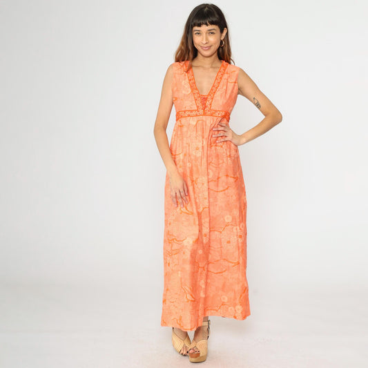 70s Orange Floral Beaded Maxi Dress Empire Waist V Neck Sleeveless Medium
