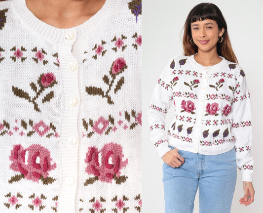 90s Ninon De Lendon Floral Cardigan White Cotton Ramie Knit Medium M
