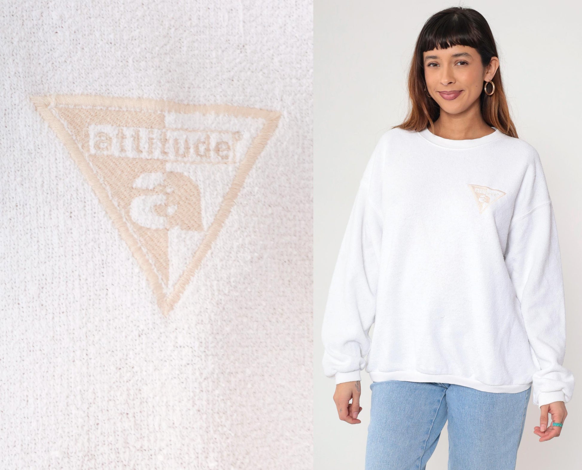 90s White Attitude Embroidered Sweatshirt Crewneck Pullover Large L