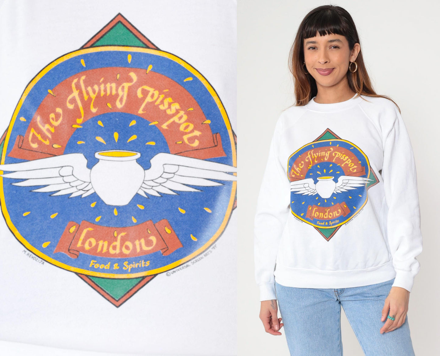 80s Flying Pisspot London Pub Graphic Sweatshirt White Raglan Crewneck Medium