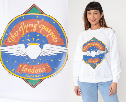 80s Flying Pisspot London Pub Graphic Sweatshirt White Raglan Crewneck Medium