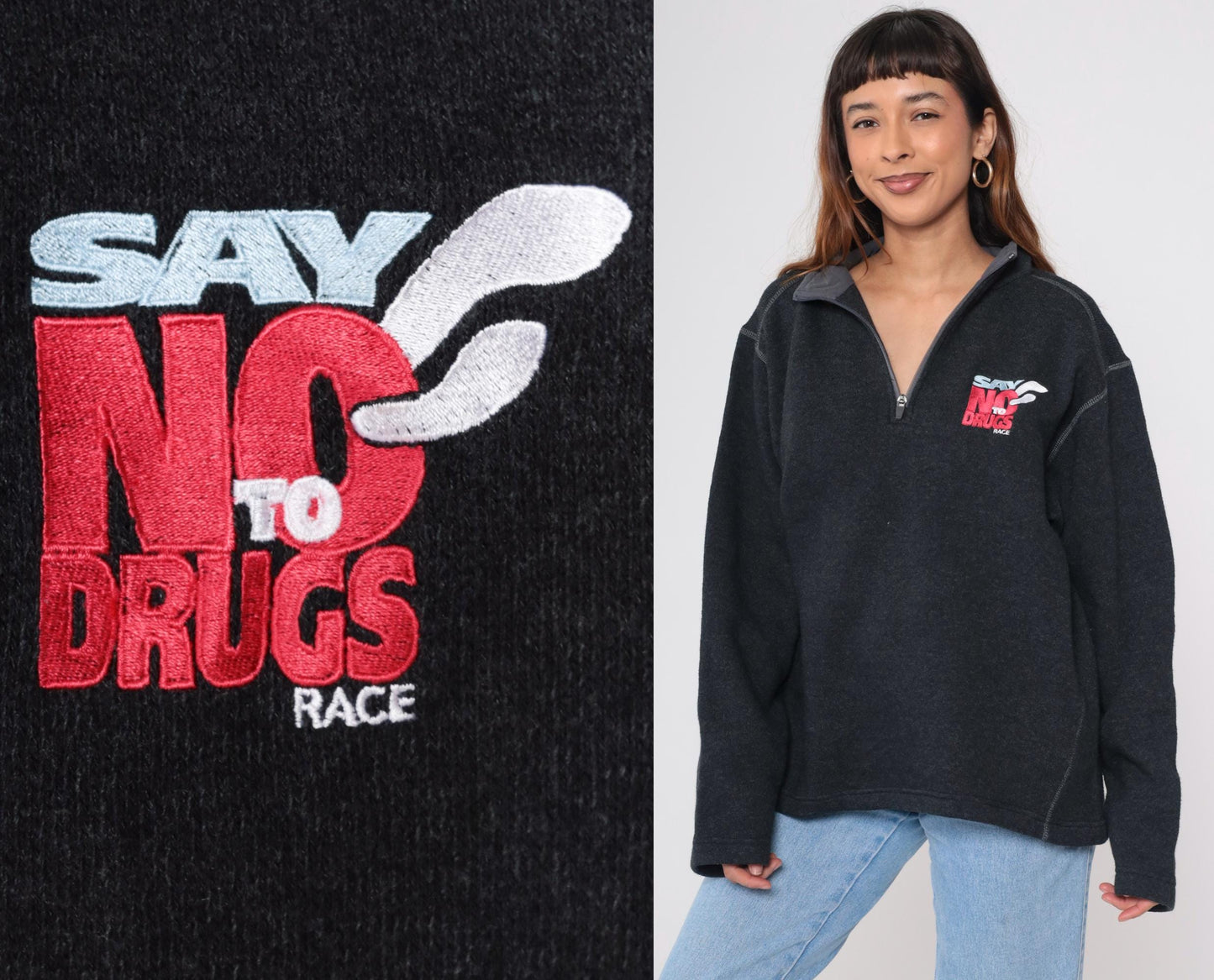 00s Say No To Drugs Race Quarter Zip Sweater Charcoal Grey Knit Large L