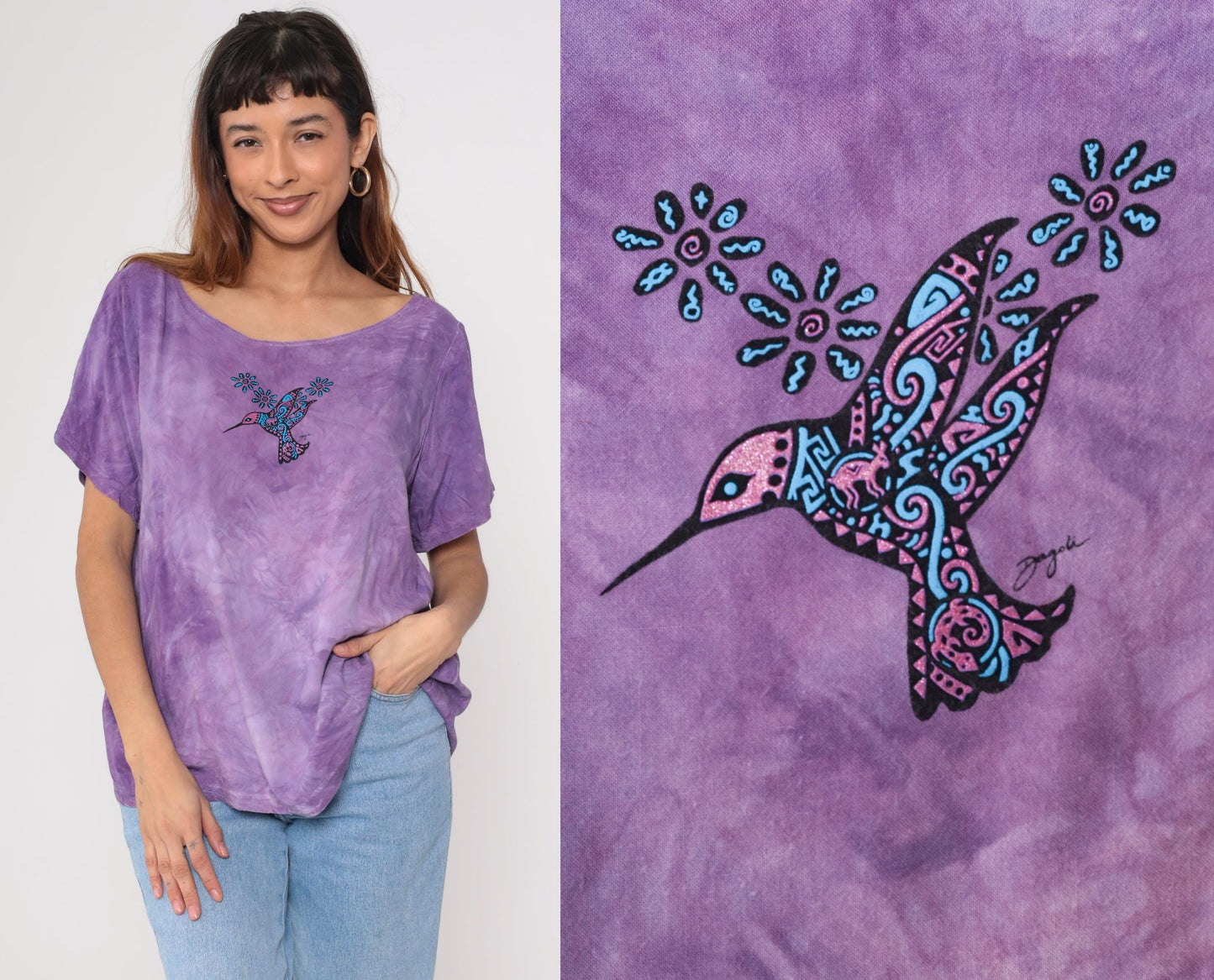 Y2K Purple Tie Dye Rayon Blouse Hummingbird Print Short Sleeve Large