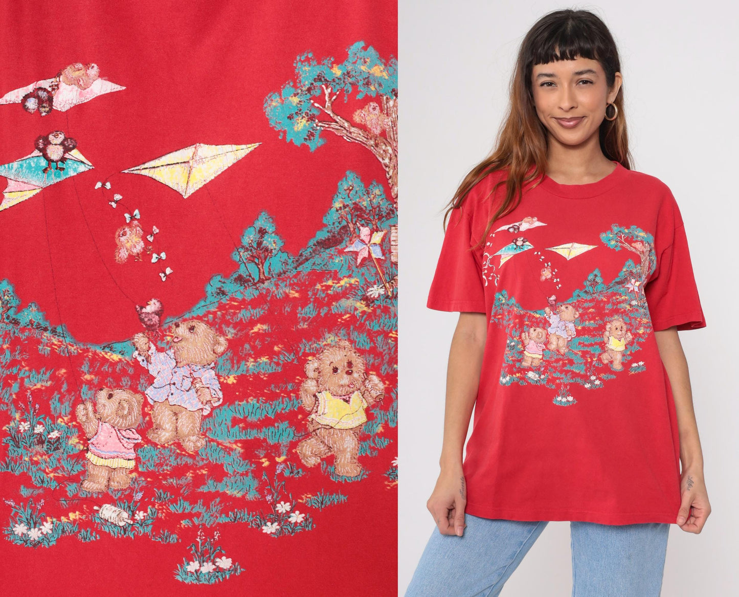 90s Teddy Bear Kite Graphic T-Shirt Red Crewneck Tee Large L