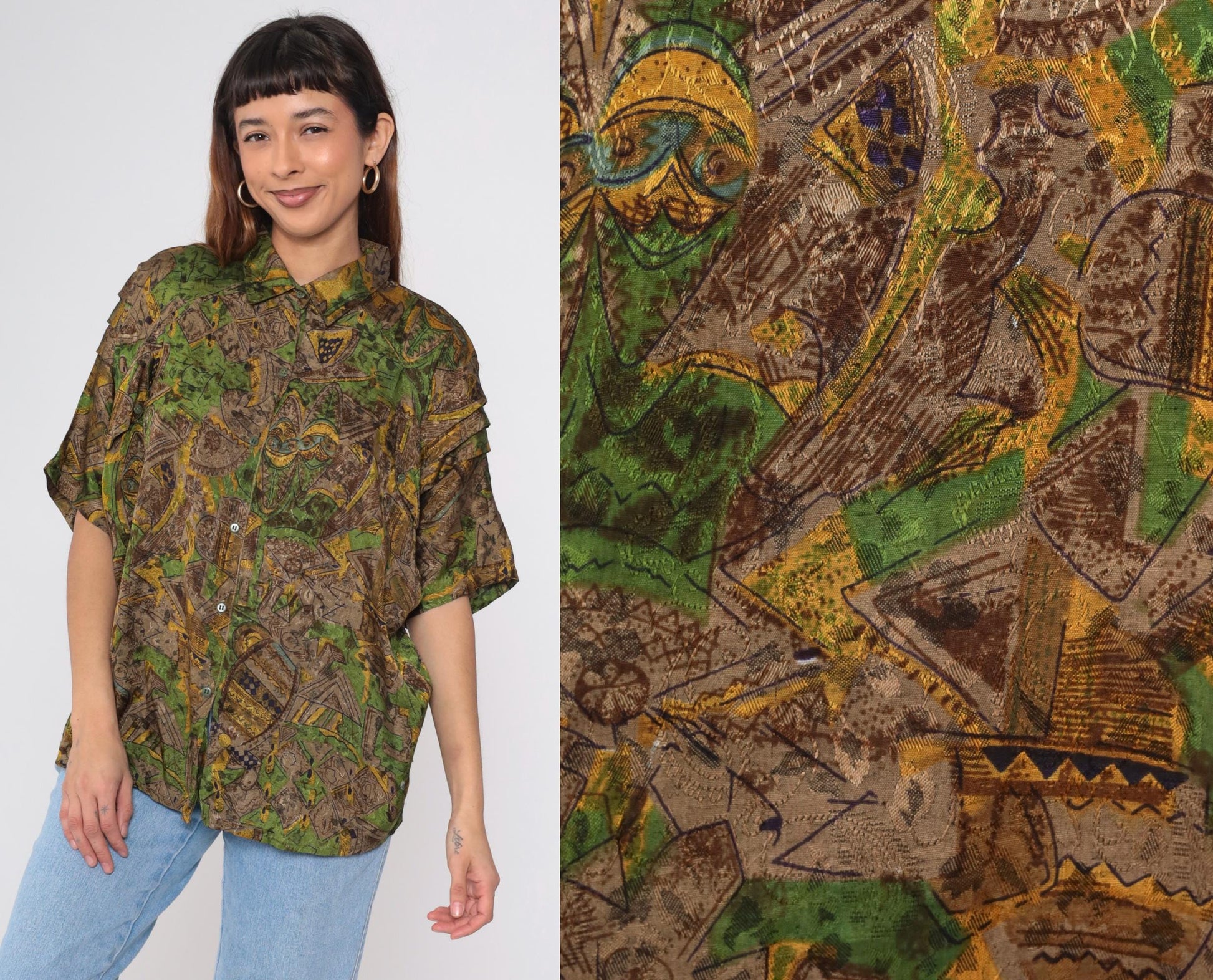 90s Geometric Button Up Shirt Brown Green Yellow Tropical Print Extra Large XL