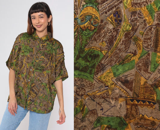 90s Geometric Button Up Shirt Brown Green Yellow Tropical Print Extra Large XL