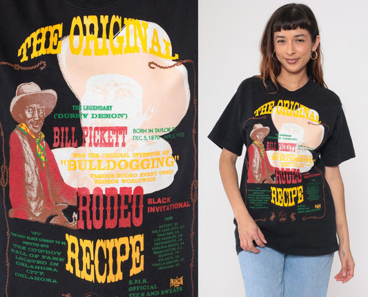 90s Bill Pickett Rodeo Recipe Graphic T-Shirt Black Cotton Medium