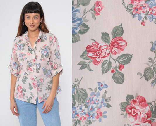 90s Beige Floral Button-Up Blouse Roll Tab Sleeve Flower Print Extra Large XL