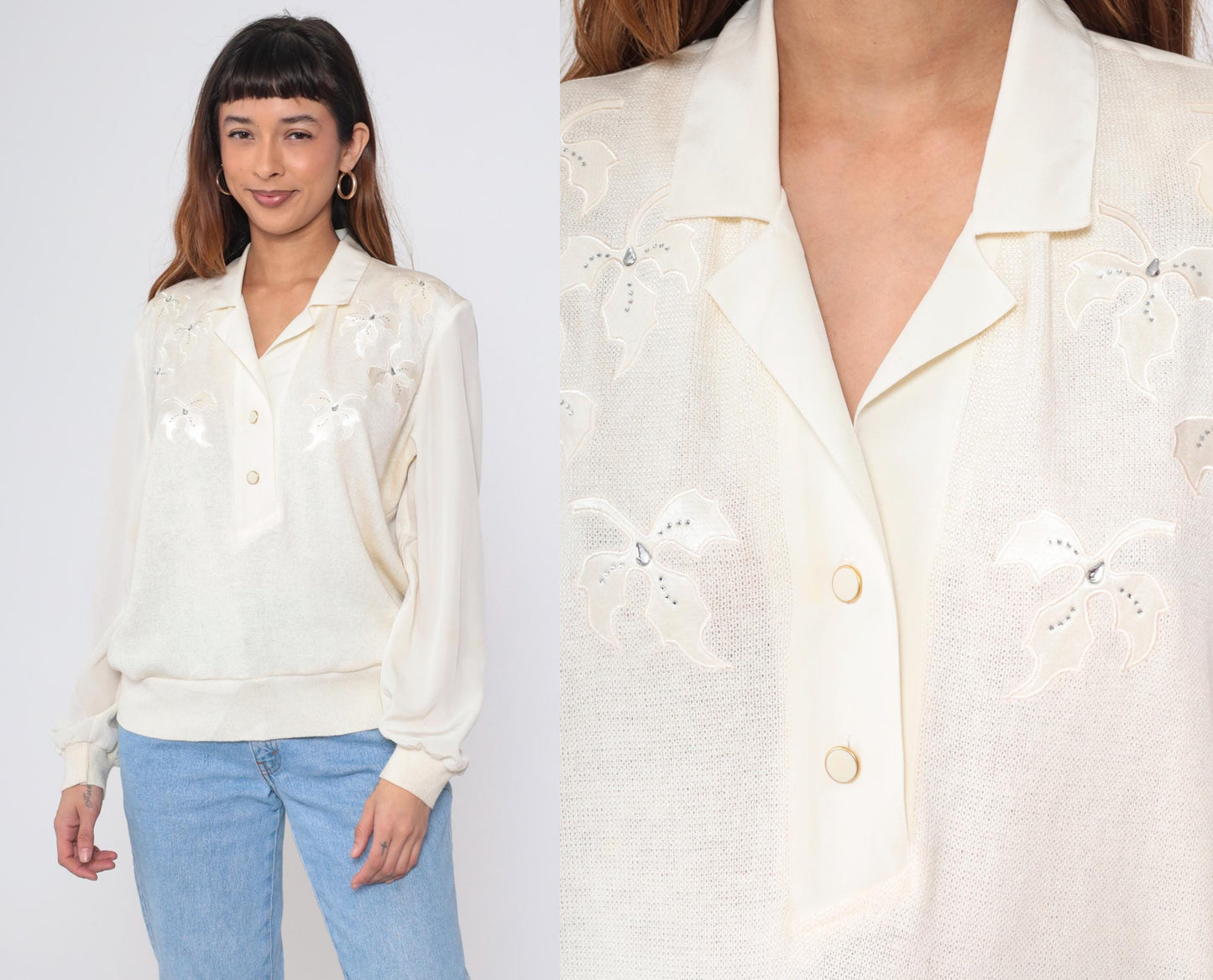 80s Philippe Marques Ivory Blouse Floral Appliqué Rhinestone Satin Knit Large L