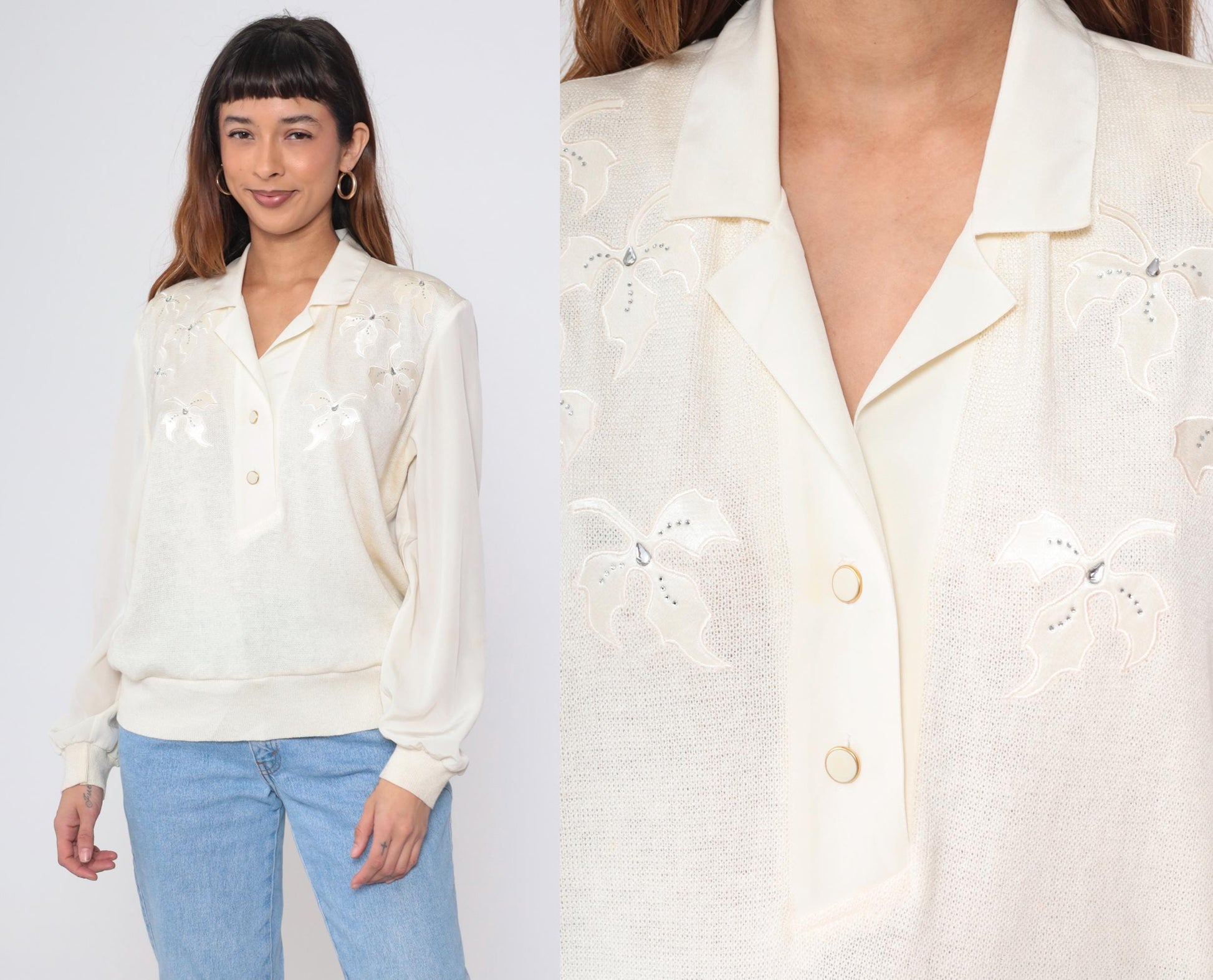 80s Philippe Marques Ivory Blouse Floral Appliqué Rhinestone Satin Knit Large L