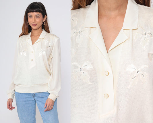 80s Philippe Marques Ivory Blouse Floral Appliqué Rhinestone Satin Knit Large L