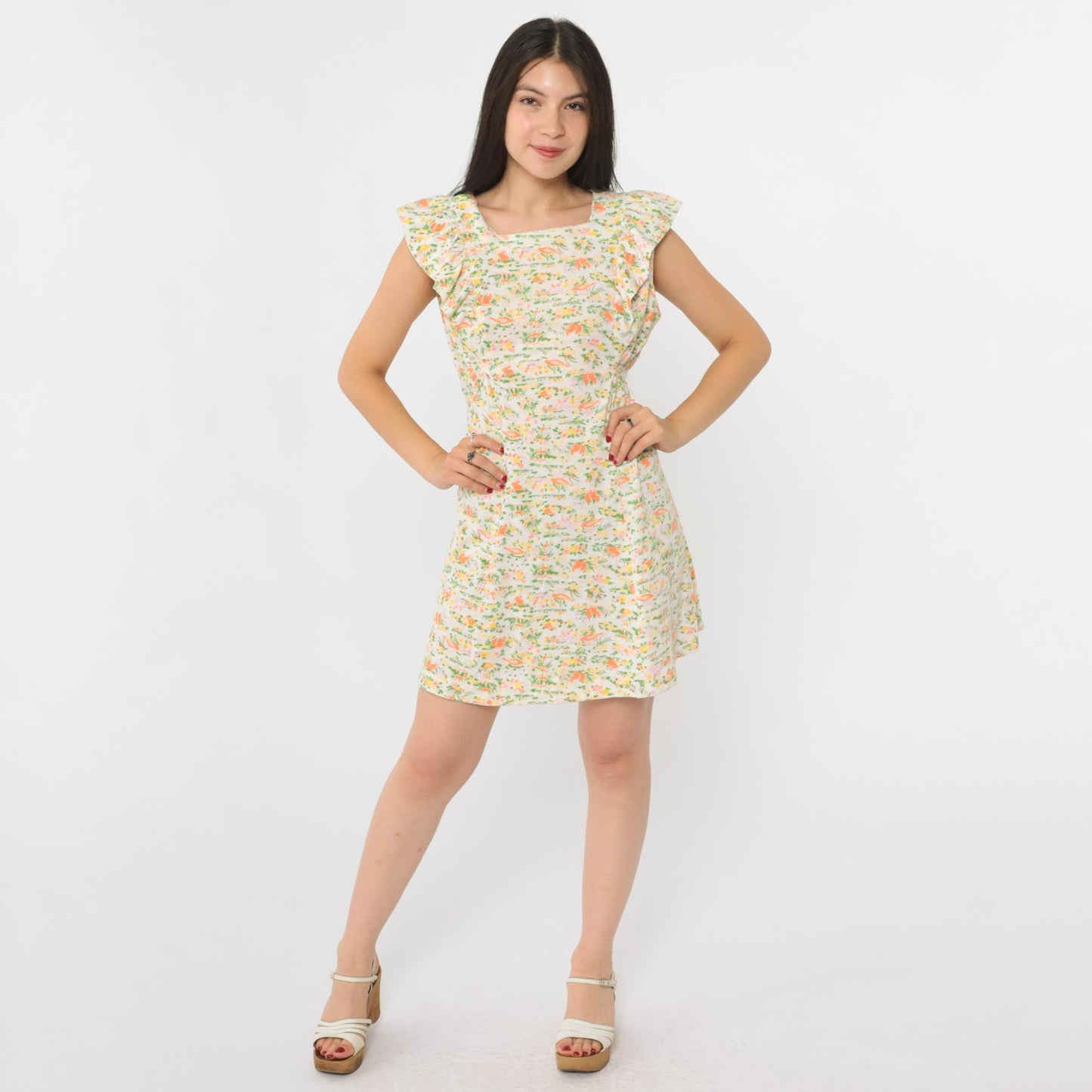 70s Animal Print Mini Shift Dress Novelty Rabbits Squirrels Birds White Medium