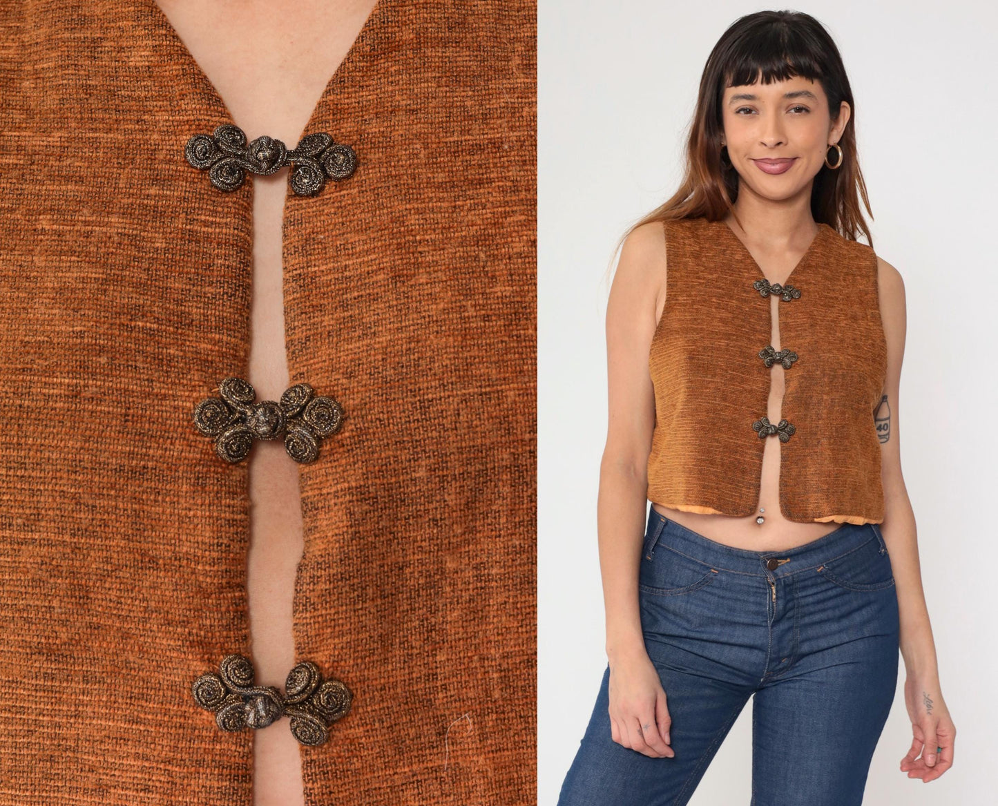 90s Burnt Orange Frog Closure Cropped Vest Woven Chinese Knot Medium