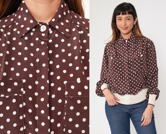 80s Brown Polka Dot Button-Up Blouse Long Sleeve Banded Hem Large