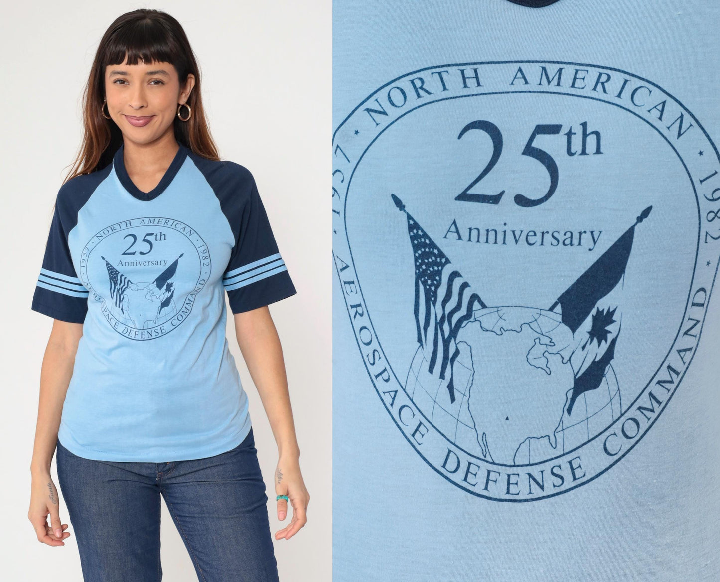 80s NORAD 1982 Anniversary Ringer T-Shirt Blue Graphic Tee Small