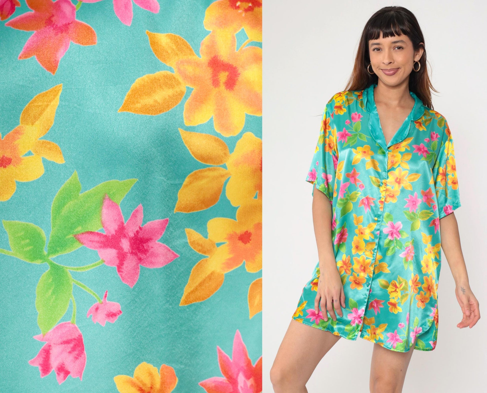 90s Victoria's Secret Aqua Floral Satin Nightgown Button-Up Mini Medium M