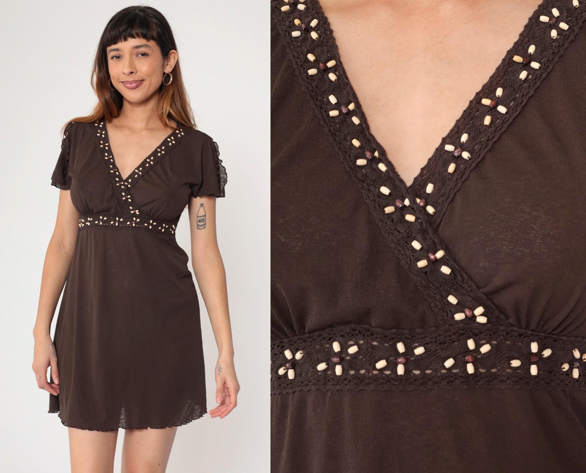 Y2K Style & Co Brown Burnout Babydoll Mini Dress Beaded Flutter Sleeve Small