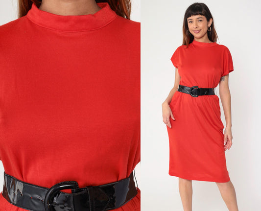 80s Red Pencil Dress with Black Patent Belt Mock Neck Medium M