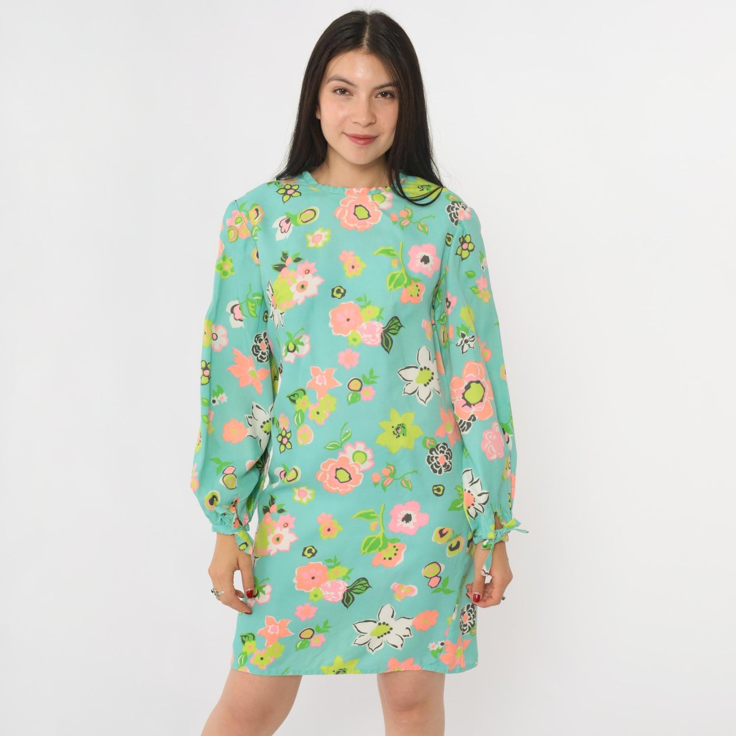 60s Mod Floral Mini Dress Aqua Blue Keyhole Back Long Sleeve Small