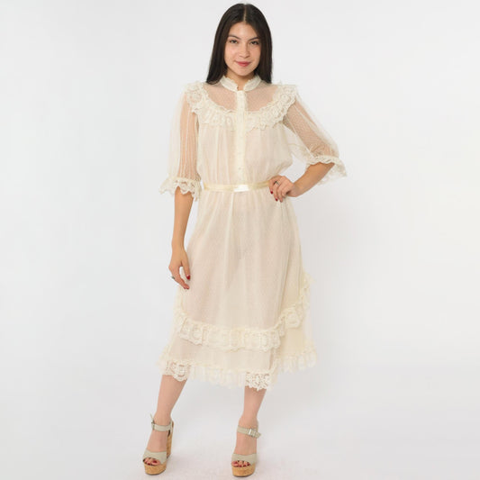 70s Cream Lace Midi Dress Pearl Button Puff Sleeve High Neck Small