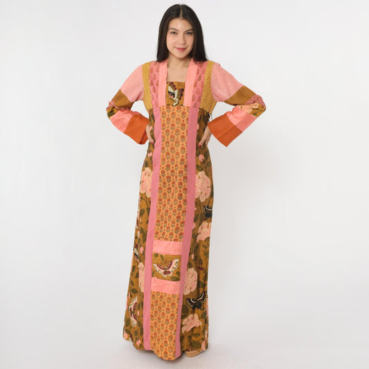 70s Patchwork Maxi Dress Butterfly Floral Pink Brown Silk Blend Small