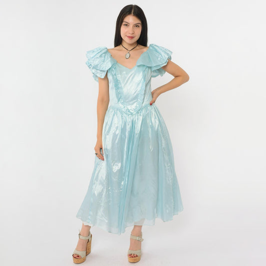 80s Blue Organza Midi Gown Sweetheart Neckline Flutter Sleeve Small