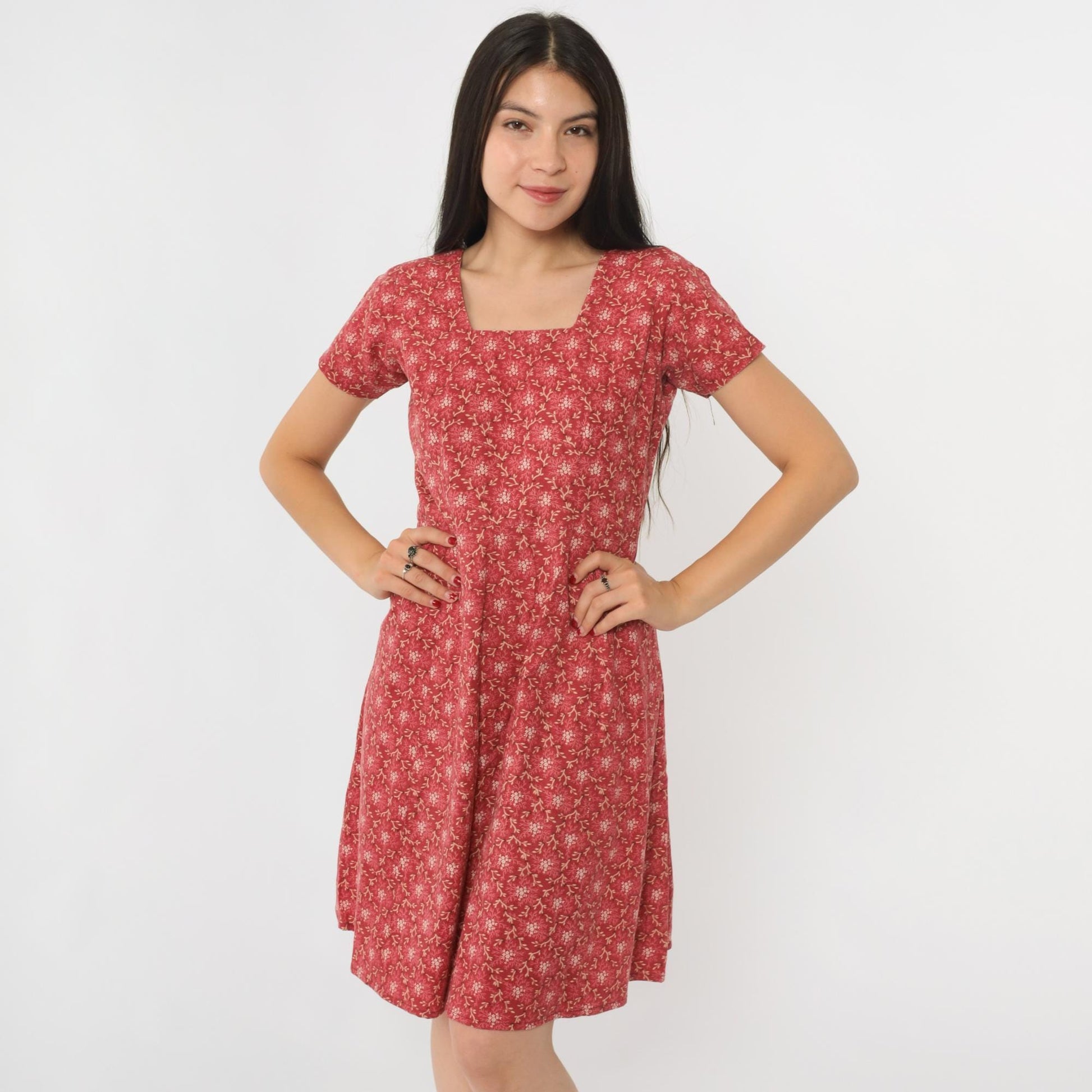 90s Red Floral Mini Dress High Waist Square Neck Short Sleeve Medium