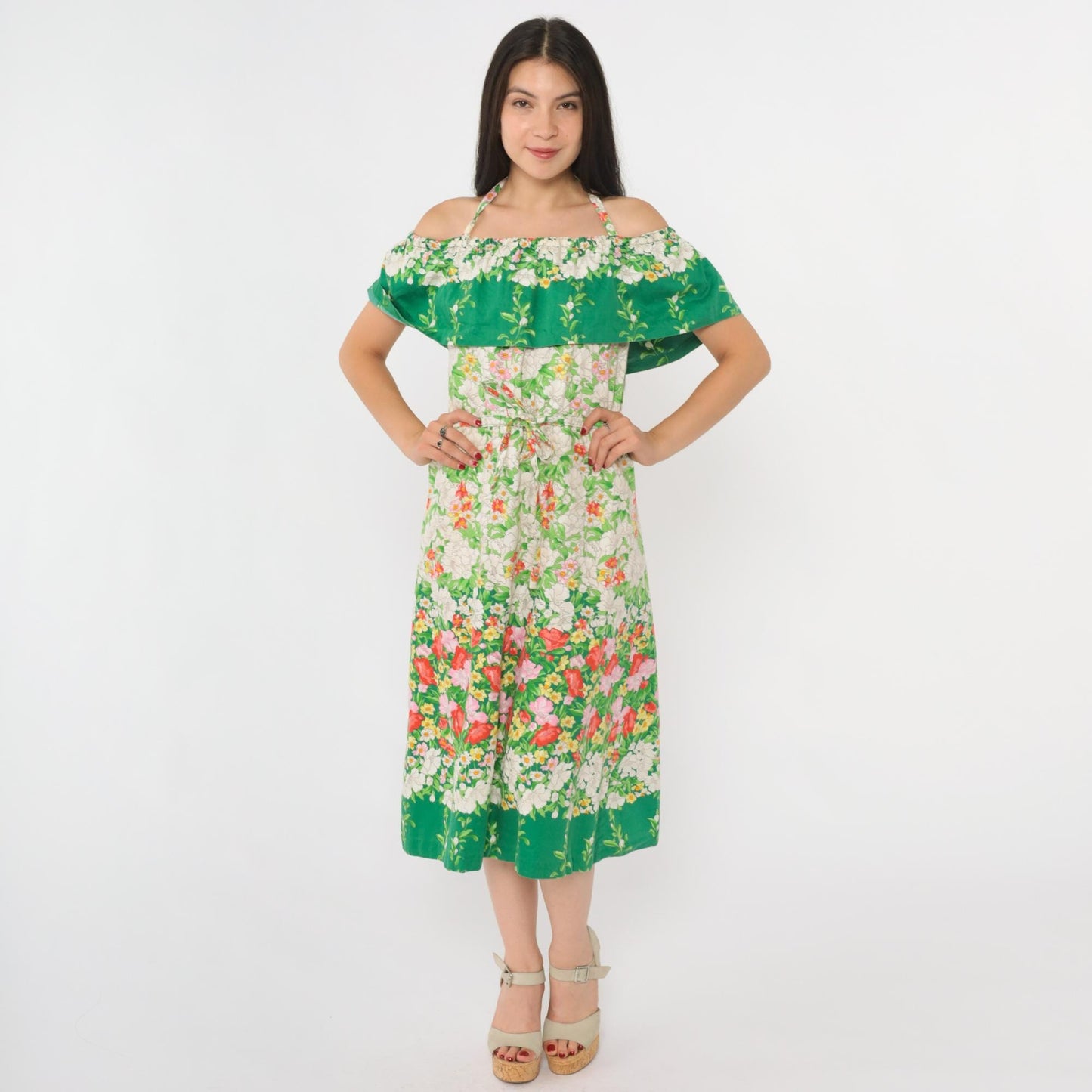 70s Parade Floral Off-Shoulder Midi Dress Green White Halter Small Medium