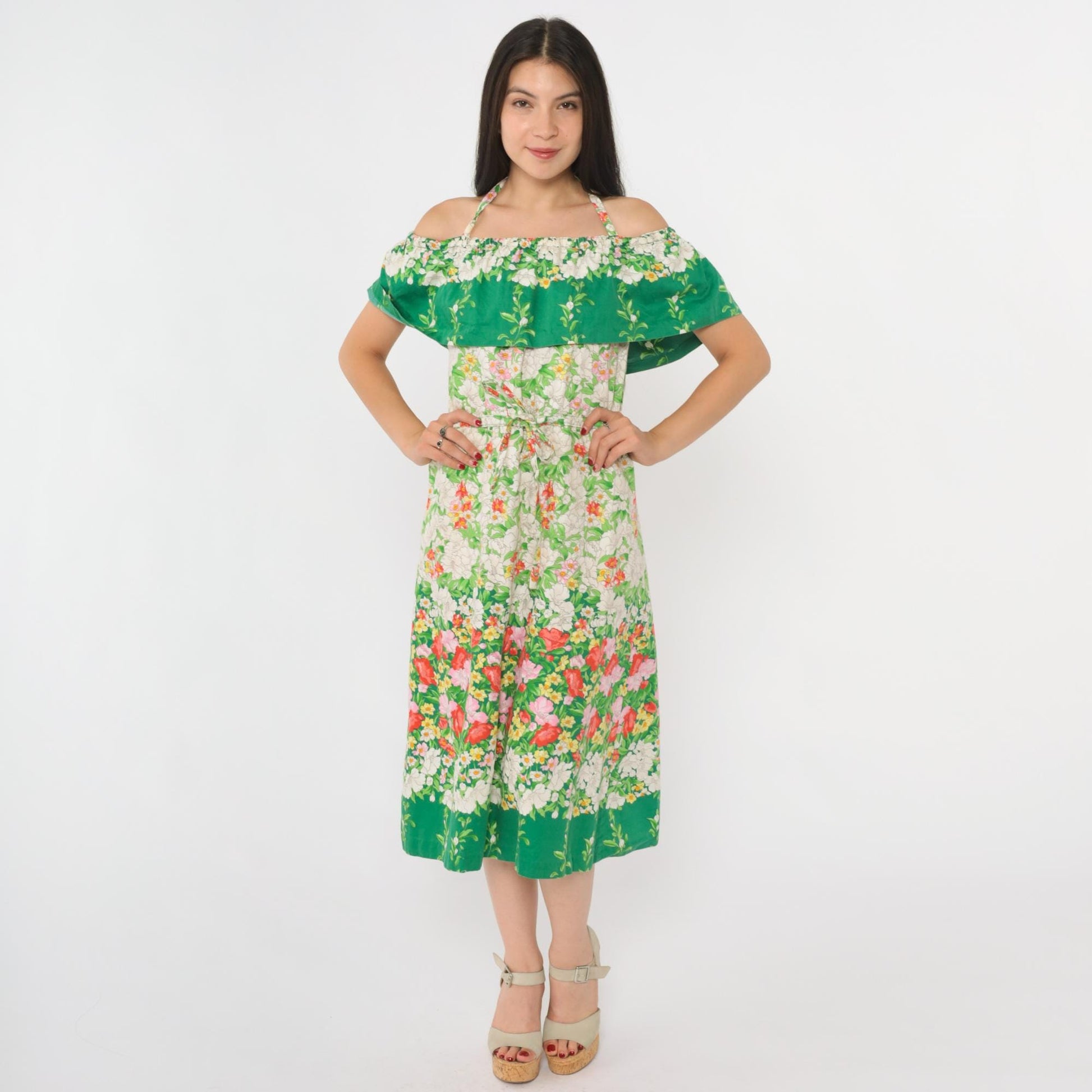 70s Parade Floral Off-Shoulder Midi Dress Green White Halter Small Medium
