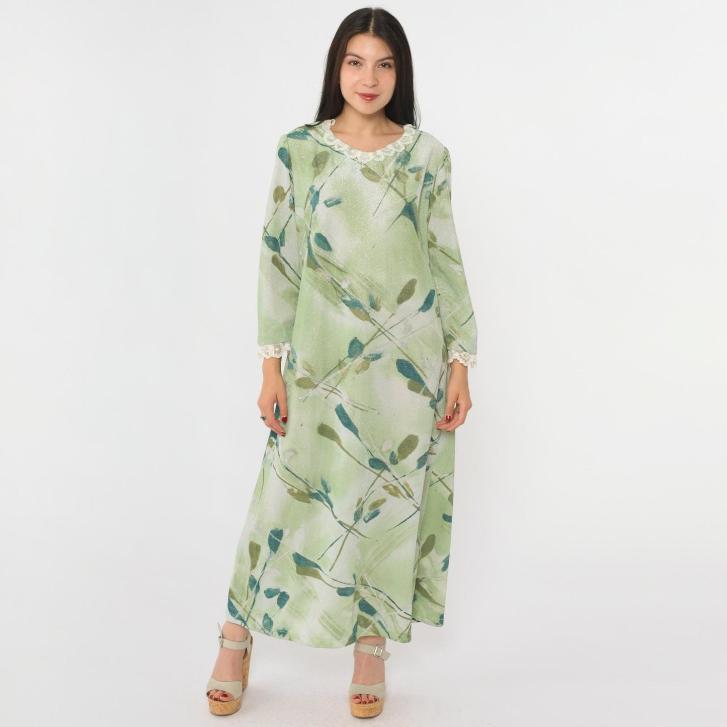 70s Green Metallic Maxi Dress Watercolor Leaf Print Lace Trim Long Sleeve Medium M