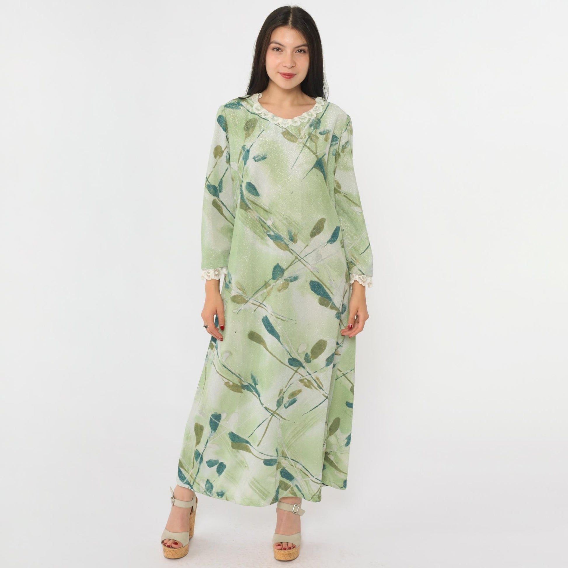 70s Green Metallic Maxi Dress Watercolor Leaf Print Lace Trim Long Sleeve Medium M