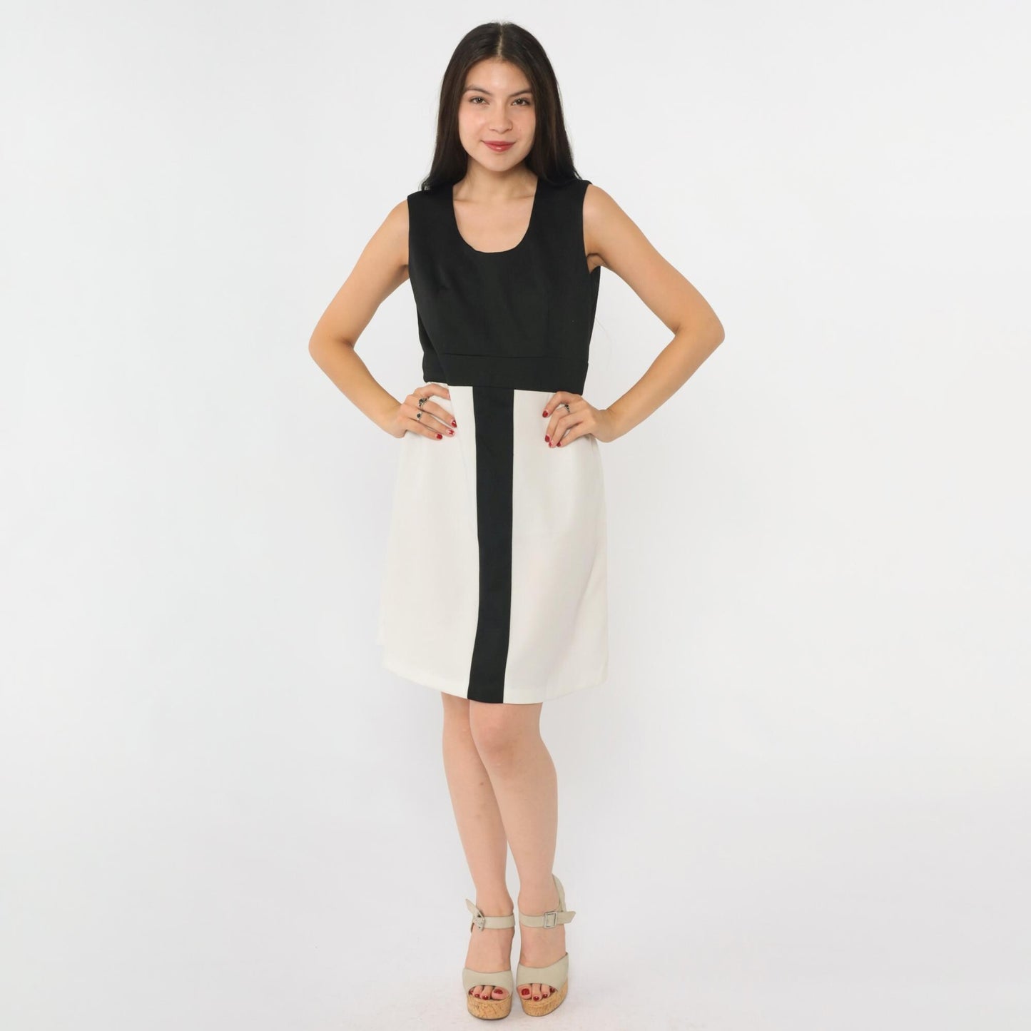 60s Mod Color Block Mini Dress Black White Striped High Waist Sleeveless Medium