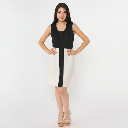 60s Mod Color Block Mini Dress Black White Striped High Waist Sleeveless Medium