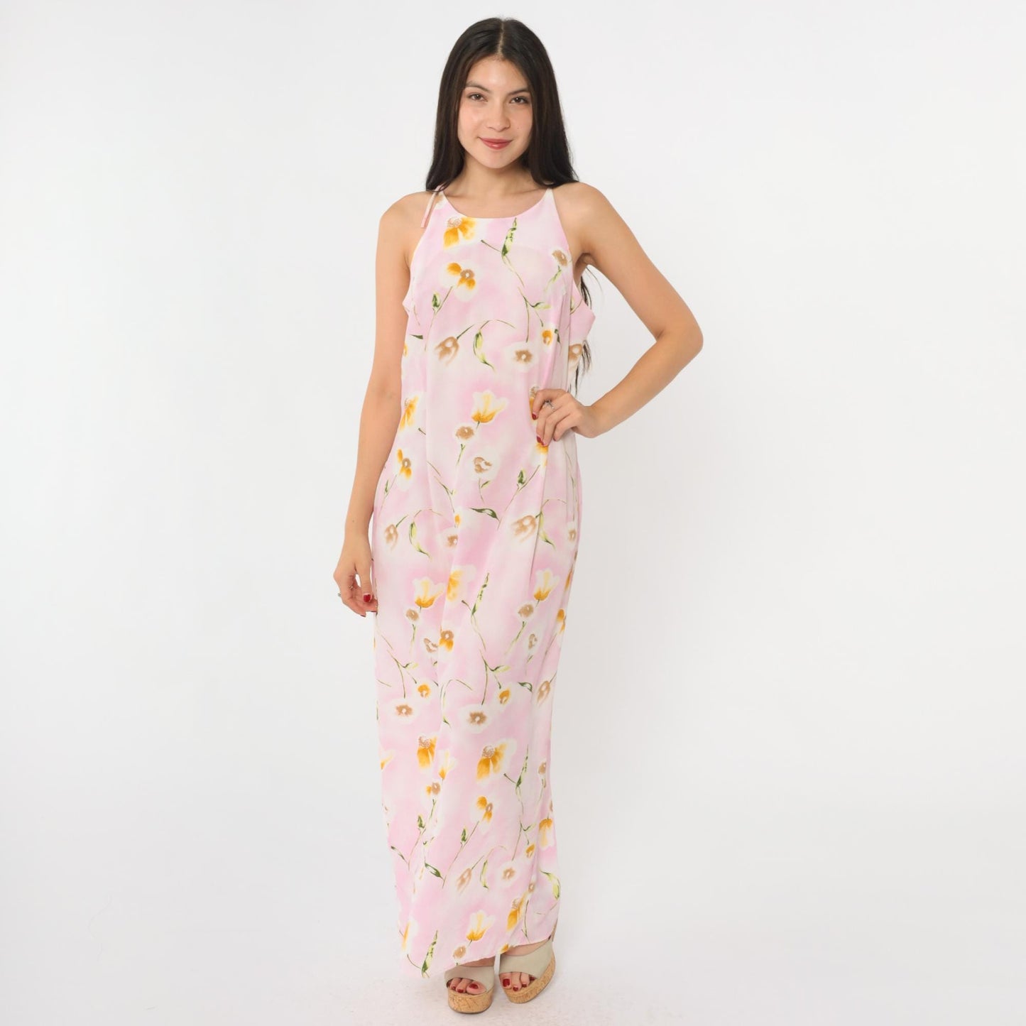 90s Pink Floral Maxi Dress Spaghetti Strap Keyhole Back Small Medium