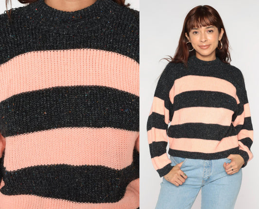 80s Peach Grey Striped Crewneck Knit Sweater Medium M