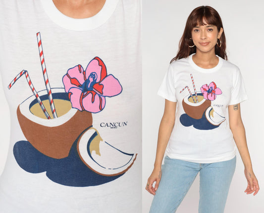 80s Cancun Mexico Tropical Coconut Graphic T-Shirt White Single Stitch XS