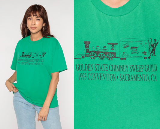 90s Chimney Sweep Guild Convention Graphic Tee Green Train Print Extra Large