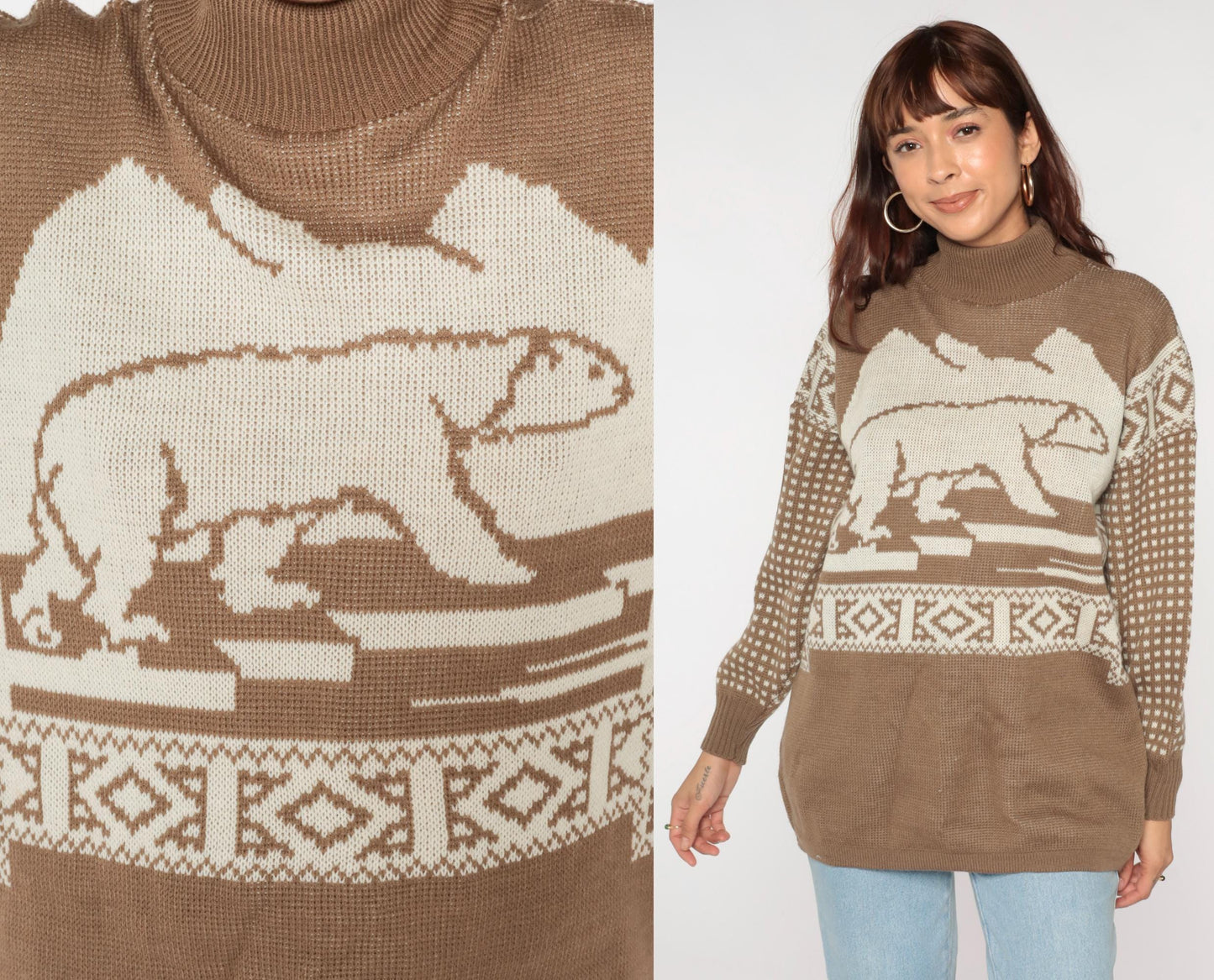80s Polar Bear Graphic Sweater Brown Mock Neck Pullover Knit Medium