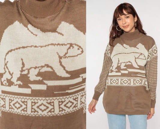 80s Polar Bear Graphic Sweater Brown Mock Neck Pullover Knit Medium
