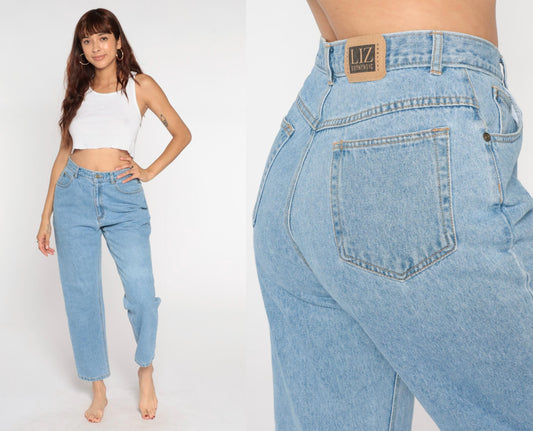 90s Lizwear High Rise Tapered Blue Denim Jeans 28 Waist Small