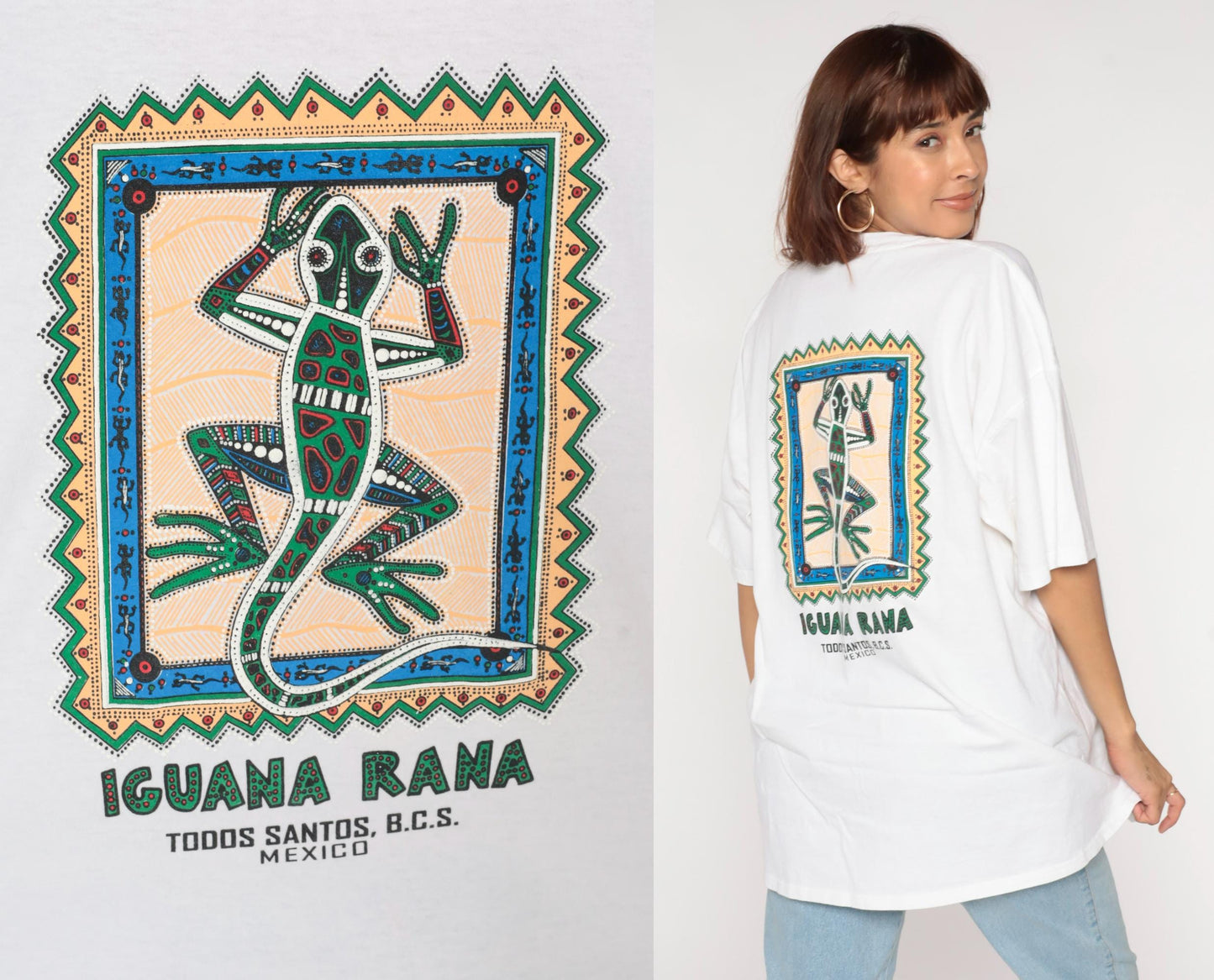 90s Todos Santos BCS Iguana Rana Lizard Graphic T-Shirt White Cotton XXL